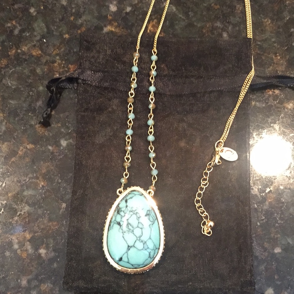 Long gold chain necklace with 1” turquoise oval
